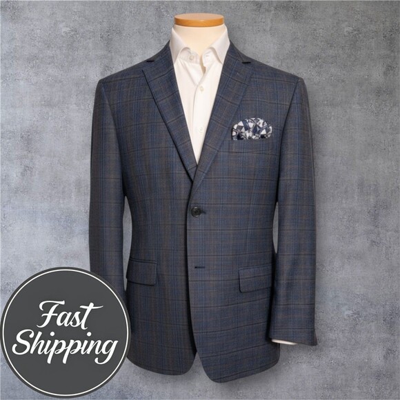 PRONTO UOMO Men's Blazer Sport Coat Two Button Jacket 44R Wool Windowpane Blue - Picture 1 of 15